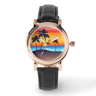 Tropische Insel bei Sonnenuntergang mit Palmen Armbanduhr