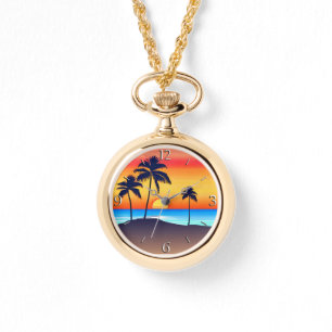 Tropische Insel bei Sonnenuntergang mit Palmen Armbanduhr