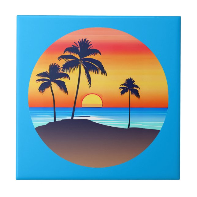 Tropische Insel bei Sonnenuntergang mit Palmen Fliese (Vorderseite)