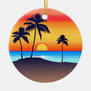 Tropische Insel bei Sonnenuntergang mit Palmen Keramik Ornament