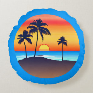 Tropische Insel bei Sonnenuntergang mit Palmen Rundes Kissen