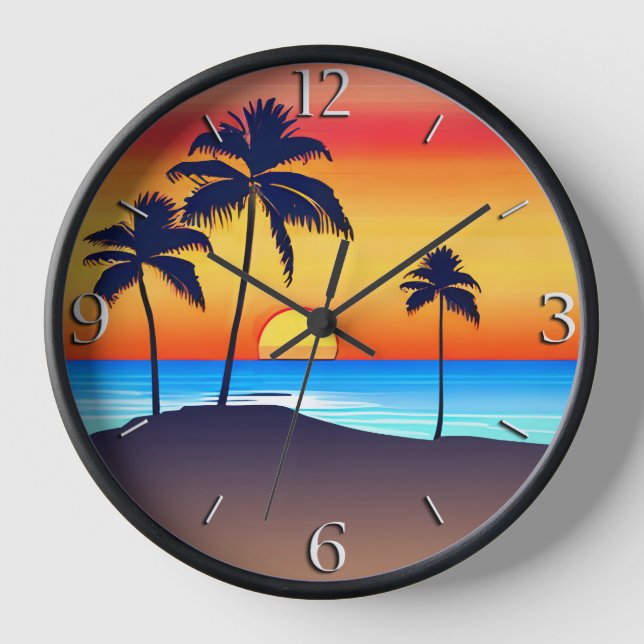 Tropische Insel bei Sonnenuntergang mit Palmen Uhr (Vorderseite)