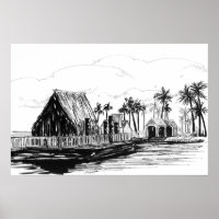 Tropische Insel Hütten Palmen Totempfähle