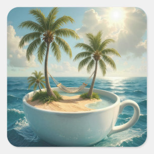 Tropische Insel mit Hängematte in einer Teetasse Quadratischer Aufkleber