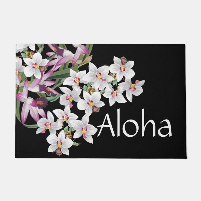 Tropische Insel-Orchideen-Blumen mit Blumen Aloha Fußmatte (Vorderseite)