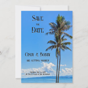 Tropische Insel, Palmen, blaues Meer, Hochzeitssaa Save The Date