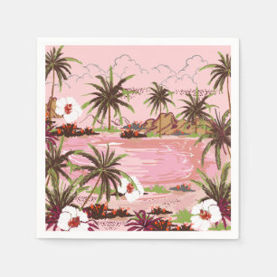 Tropische Insel-Palmen-Pflanzen und rosa Meer Serviette