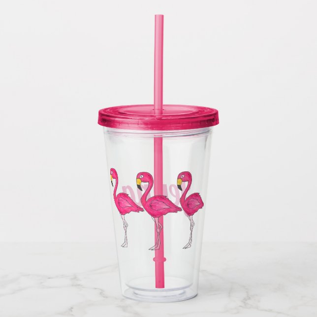 Tropische Insel Rosa Flamingo Bird Personalisiert Acryltrinkbecher (Vorderseite)