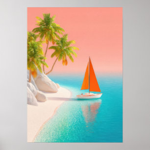 tropische Insel Szene mit Palmen,  Segelboot Poster
