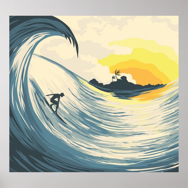 Tropische Insel, Welle, Surfer Sonnenuntergang. Poster (Vorne)