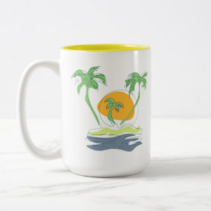 Tropische Inselstrandkulisse. Umriss Palme Zweifarbige Tasse
