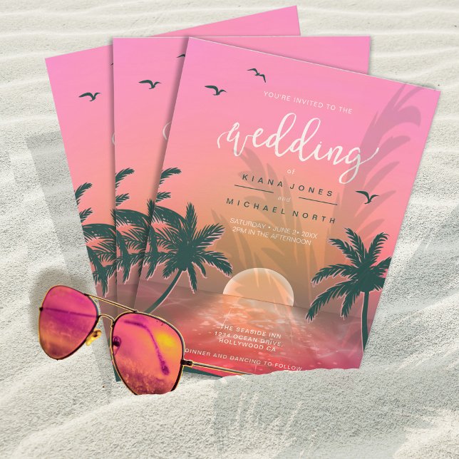 Tropische Isle Sunrise Wedding Pink L2 ID581 Einladung (Von Creator hochgeladen)