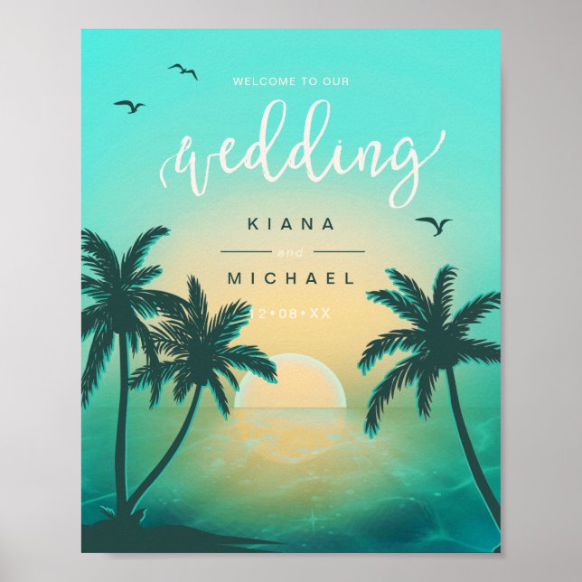Tropische Isle Sunrise Wedding Willkommen Aquamari Poster (Vorne)