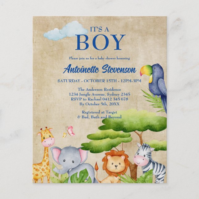 Tropische Jungle Safari Tiere Baby Boy Dusche Flyer (Vorne)
