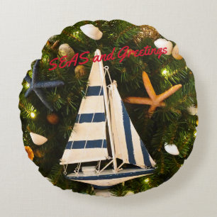 Tropische Küste "SEAS and Greetings" Weihnachten Rundes Kissen
