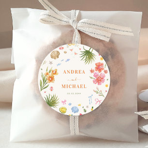 Tropische Küstenhandgezogene Blume Muscheln Hochze Runder Aufkleber