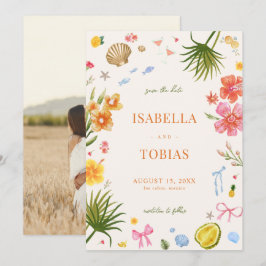 Tropische Küstenhandgezogene Blume Muscheln Hochze Save The Date