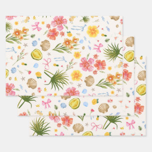 Tropische Küstenhandgezogene Blume und Muscheln Geschenkpapier Set