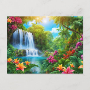 Tropische Landschaft mit Blumen, Wasserfall Postkarte