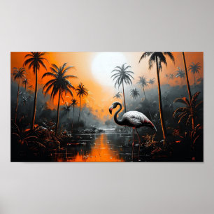 Tropische Landschaft mit Flamingo unter lebendigem Poster