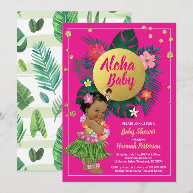 Tropische Luau Mädchen Dusche Einladung heiß rosa (Vorne/Hinten)