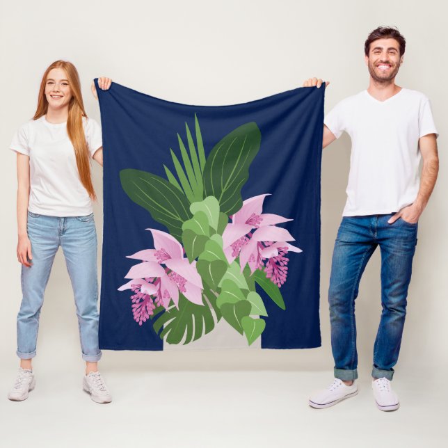 Tropische Medinilla Pink-Blume auf Dunkelblau Fleecedecke (Beispiel)