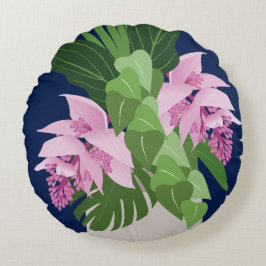 Tropische Medinilla Pink-Blume auf Dunkelblau Rundes Kissen