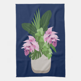 Tropische Medinilla Pink Blume Vase auf Dunkelblau Geschirrtuch
