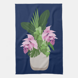 Tropische Medinilla Pink Blume Vase auf Dunkelblau Geschirrtuch