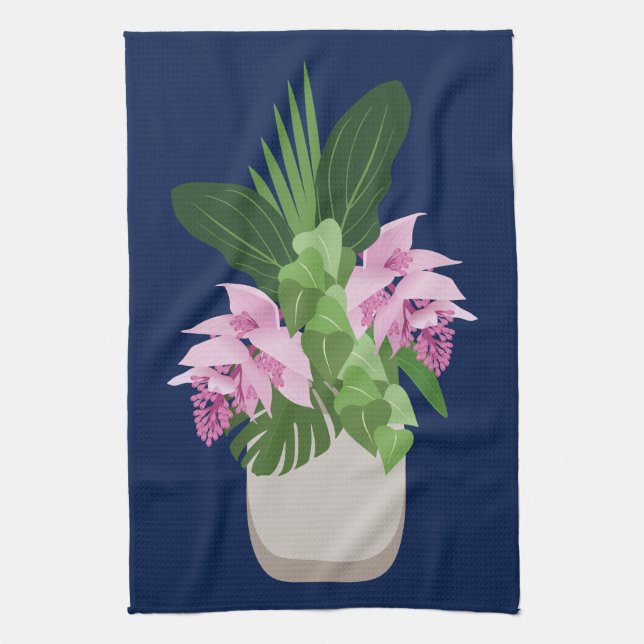Tropische Medinilla Pink Blume Vase auf Dunkelblau Geschirrtuch (Vertikal)