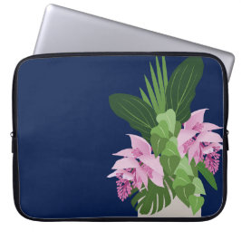 Tropische Medinilla Pink Blume Vase auf Dunkelblau Laptopschutzhülle