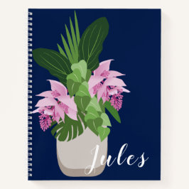 Tropische Medinilla Pink Blume Vase auf Dunkelblau Notizbuch