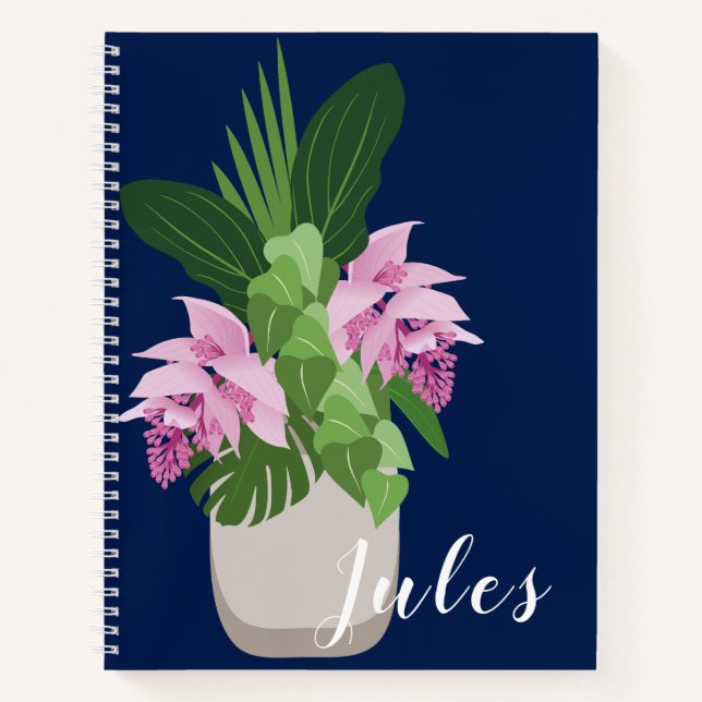Tropische Medinilla Pink Blume Vase auf Dunkelblau Notizbuch (Vorderseite)