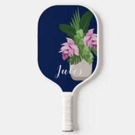 Tropische Medinilla Pink Blume Vase auf Dunkelblau Pickleball Schläger