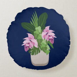 Tropische Medinilla Pink Blume Vase auf Dunkelblau Rundes Kissen