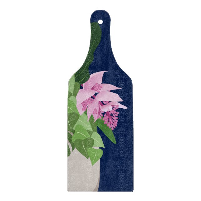 Tropische Medinilla Pink Blume Vase auf Dunkelblau Schneidebrett (Vorderseite)