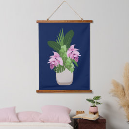 Tropische Medinilla Pink Blume Vase auf Dunkelblau Wandteppich Mit Holzrahmen