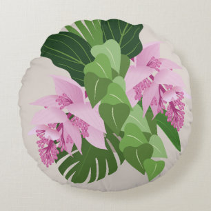 Tropische Medinilla Rosa Blume auf Beige Rundes Kissen