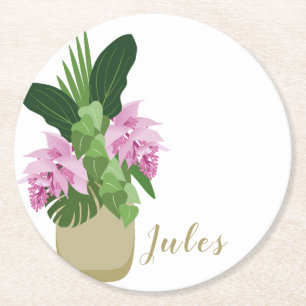 Tropische Medinilla Rosa Blume Gelbe Vase Weiß Runder Pappuntersetzer