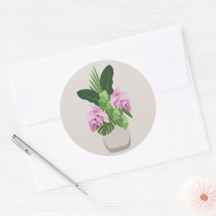 Tropische Medinilla Rosa Blume in Beige Vase Runder Aufkleber