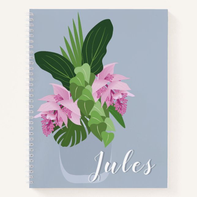 Tropische Medinilla Rosa Blume in Blue Vase Name Notizbuch (Vorderseite)