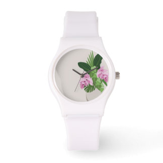 Tropische Medinilla-Rose-Blüte in beiger Vase Armbanduhr