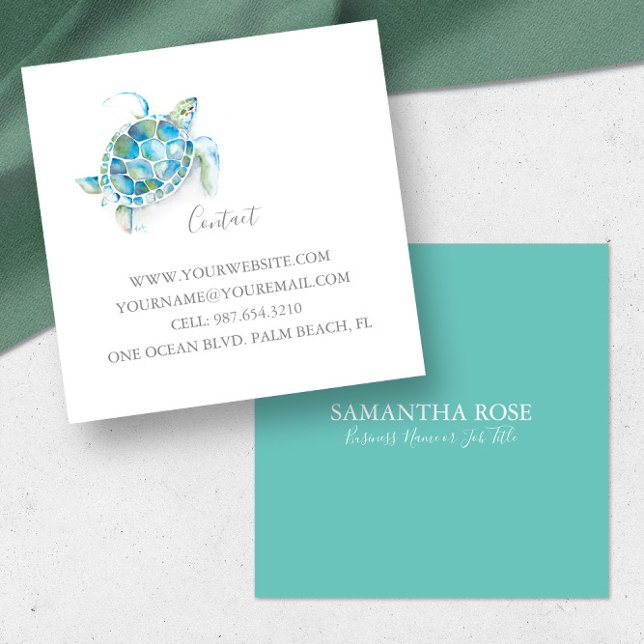 Tropische Meeresschildkröte Quadratische Visitenkarte (Turtle business cards feature unique watercolor art by Victoria Grigaliunas of Do Tell A Belle)