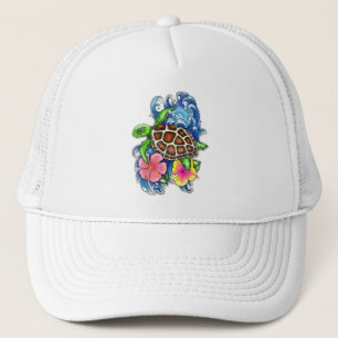 Tropische Meeresschildkröte und Hibiskus Truckerkappe