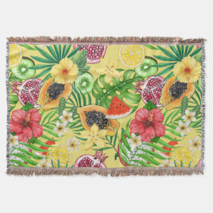 Tropische Michfrüchte, Blume und Blätter auf Gelb Decke
