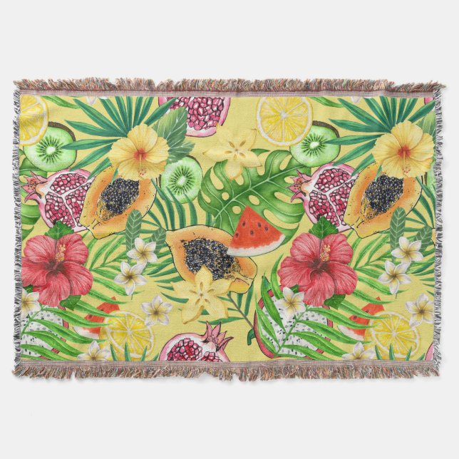 Tropische Michfrüchte, Blume und Blätter auf Gelb Decke (Vorderseite)