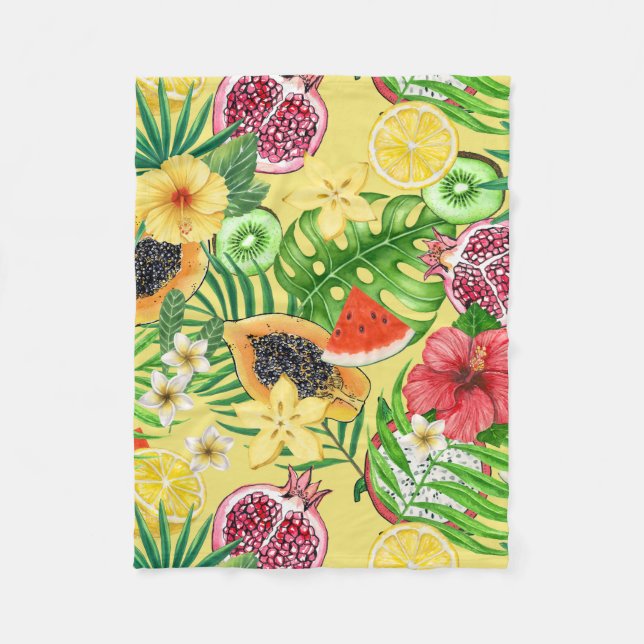 Tropische Michfrüchte, Blume und Blätter auf Gelb Fleecedecke (Vorderseite)