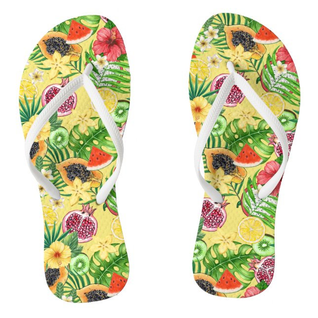 Tropische Michfrüchte, Blume und Blätter auf Gelb Flip Flops (Fußbett)