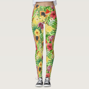 Tropische Michfrüchte, Blume und Blätter auf Gelb Leggings
