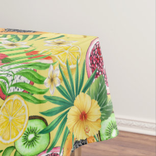 Tropische Michfrüchte, Blume und Blätter auf Gelb Tischdecke